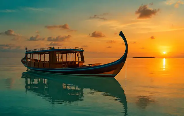 A traditional wooden dhoni boat on a calm lagoon at sunset