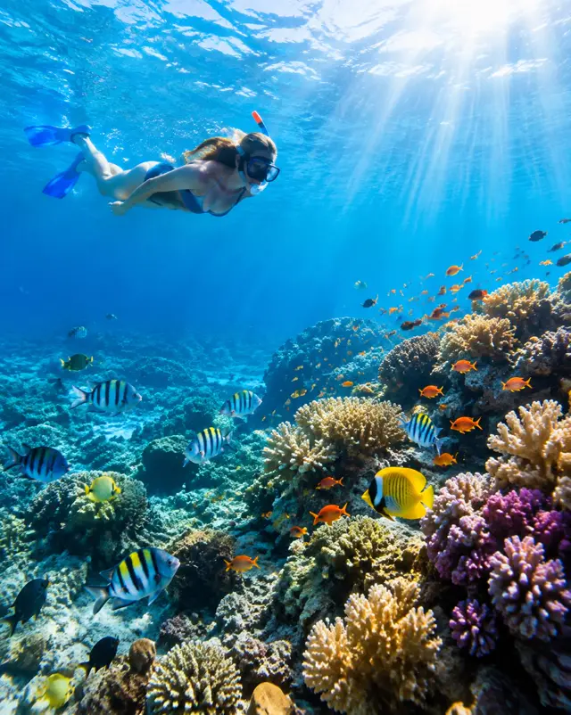 A snorkeller swimming above a colourful coral reef with tropical fish