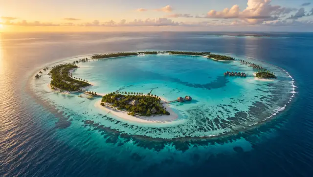 Aerial view of a ring-shaped Maldivian atoll with a turquoise lagoon at sunrise