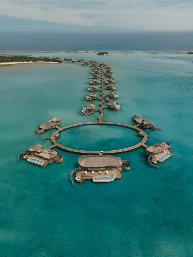 Soneva Jani South Jetty: overwater villas around a circular walkway in the lagoon