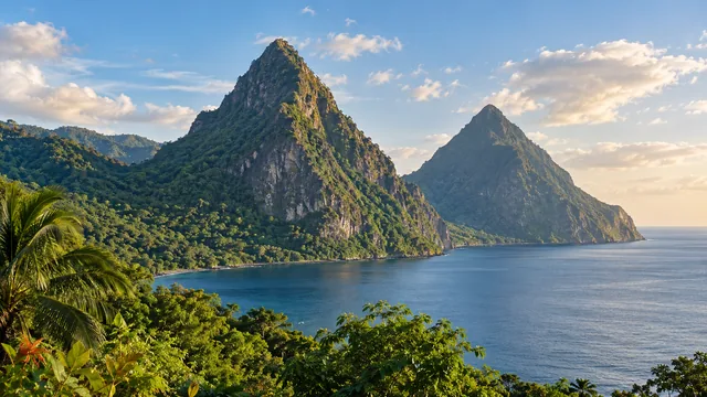 Photorealistic AI-generated view inspired by Saint Lucia's Pitons above the Caribbean Sea