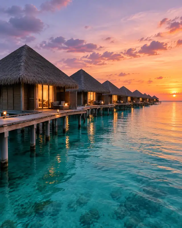 Thatched overwater villas along a wooden walkway at sunset