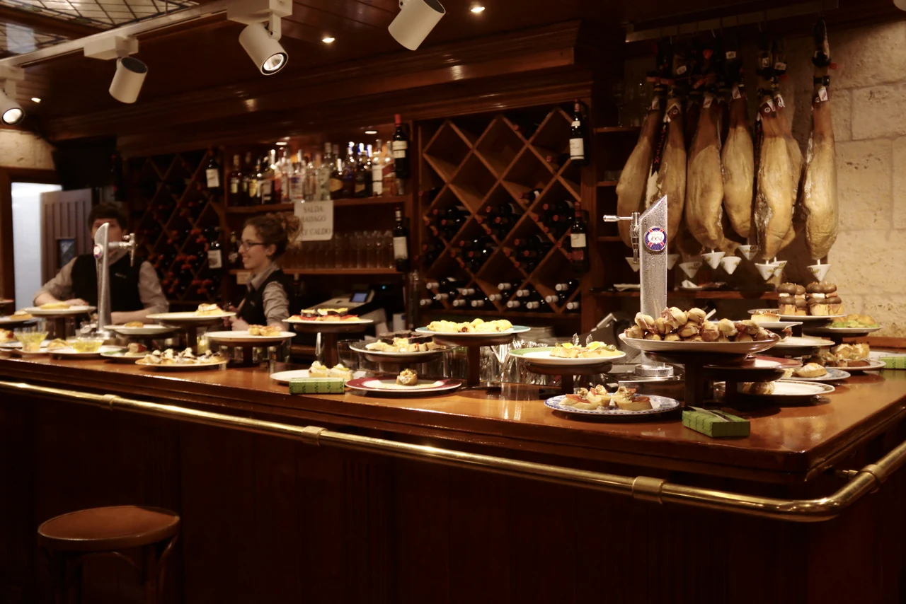 Pintxos fill a bar counter in San Sebastian.