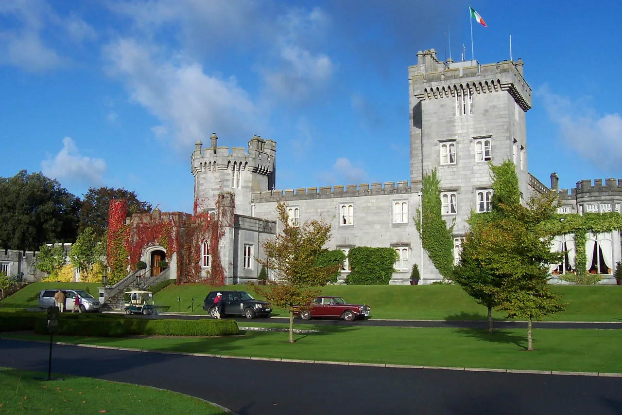 The stone entrance and towers of Dromoland Castle in County Clare