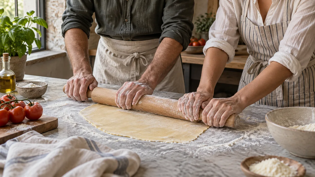 Two people rolling fresh pasta dough at a cooking worktop