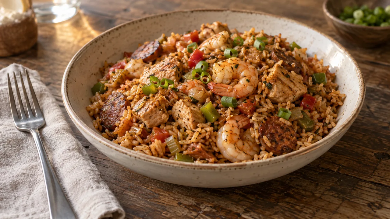 A bowl of rice with chicken, prawns, sausage and vegetables