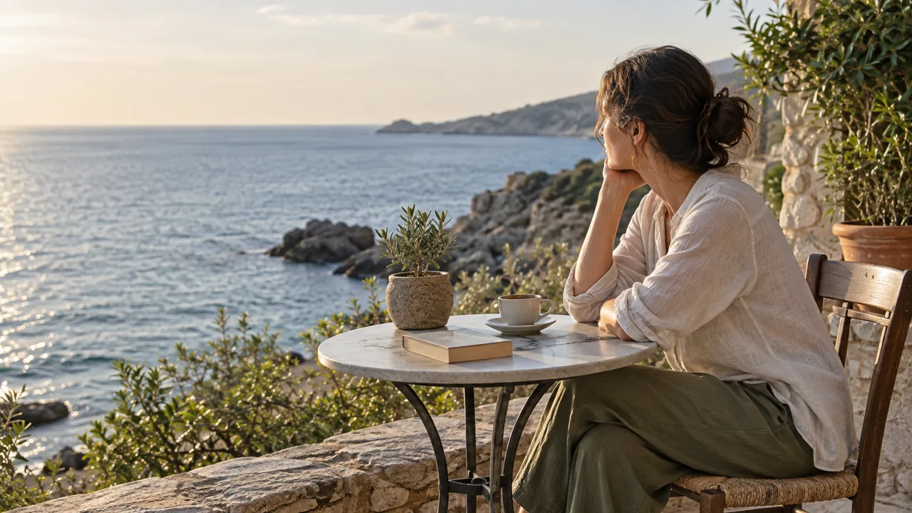 A woman enjoying a quiet moment at a seaside café