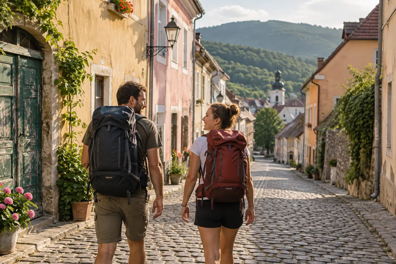 Two adult backpackers walking through a European town