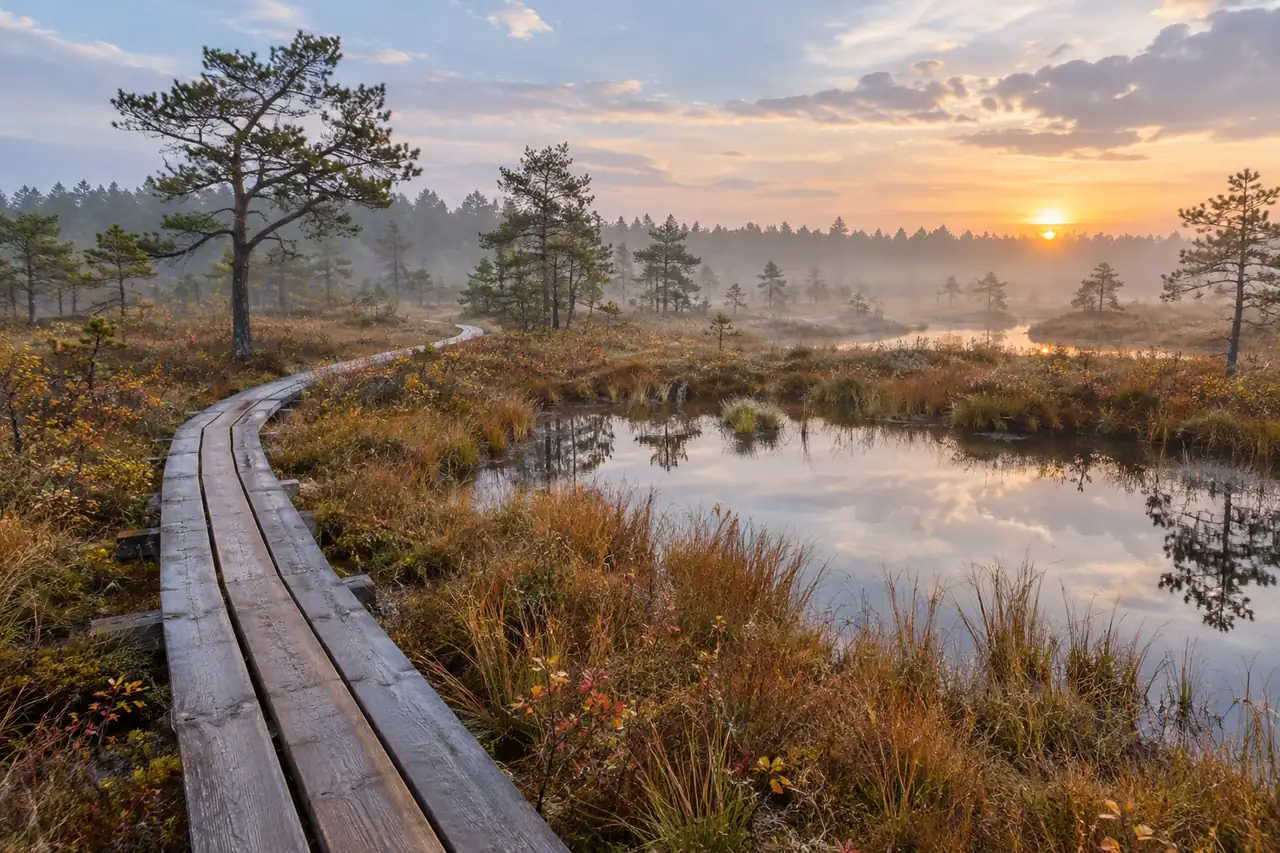 A wooden boardwalk crossing a Baltic bog at sunrise