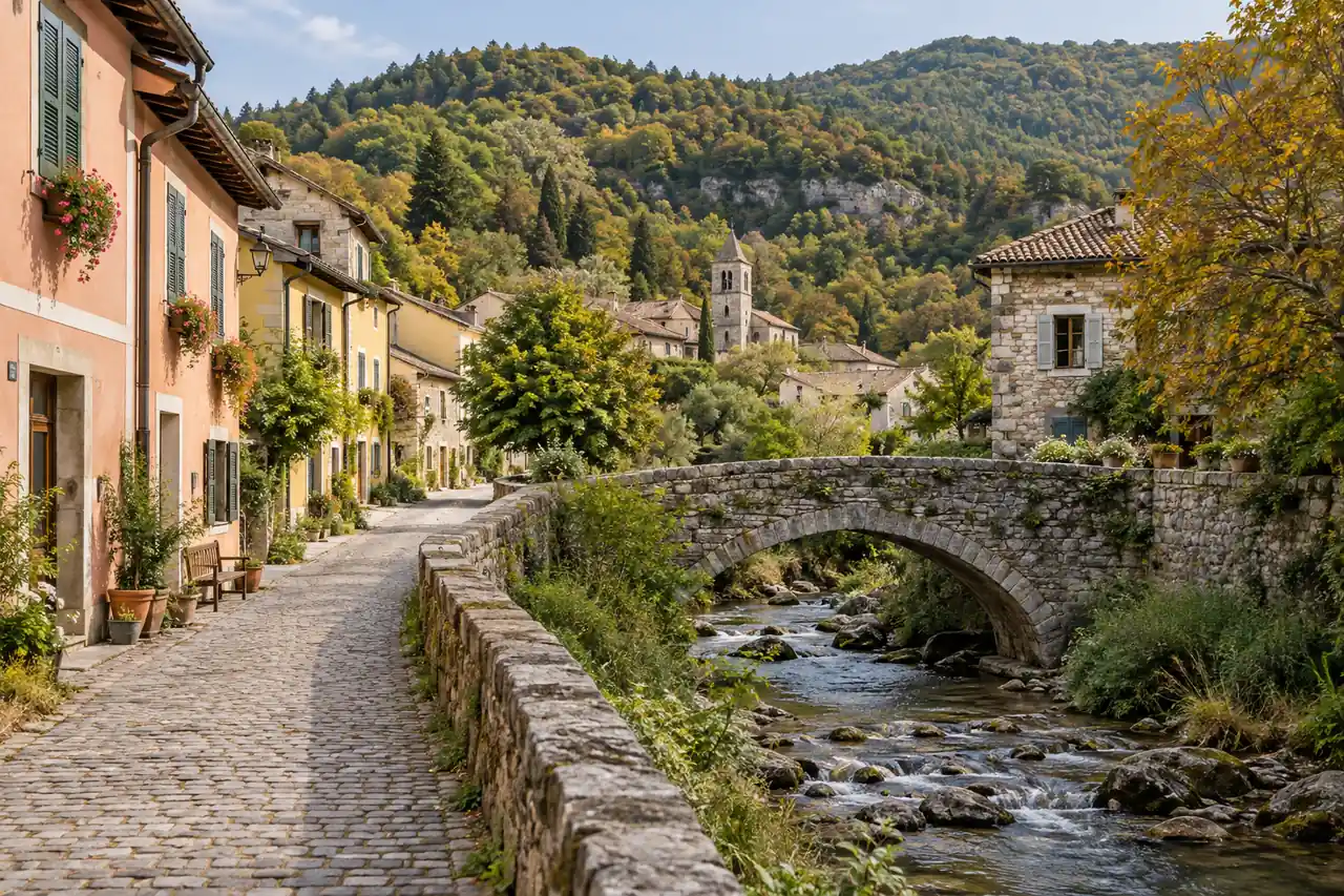 A quiet European village beside a stone bridge