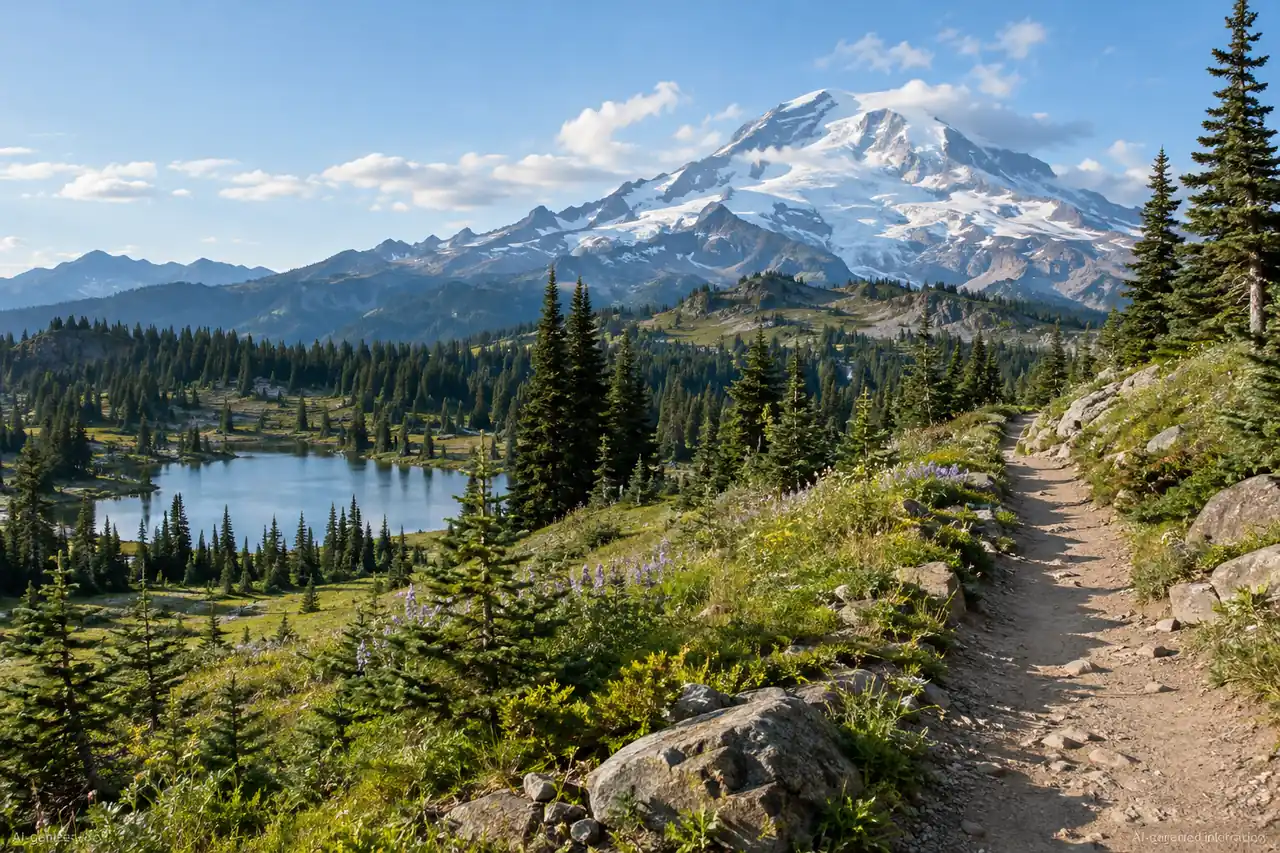 Illustration: A snow-covered volcanic peak above an alpine meadow