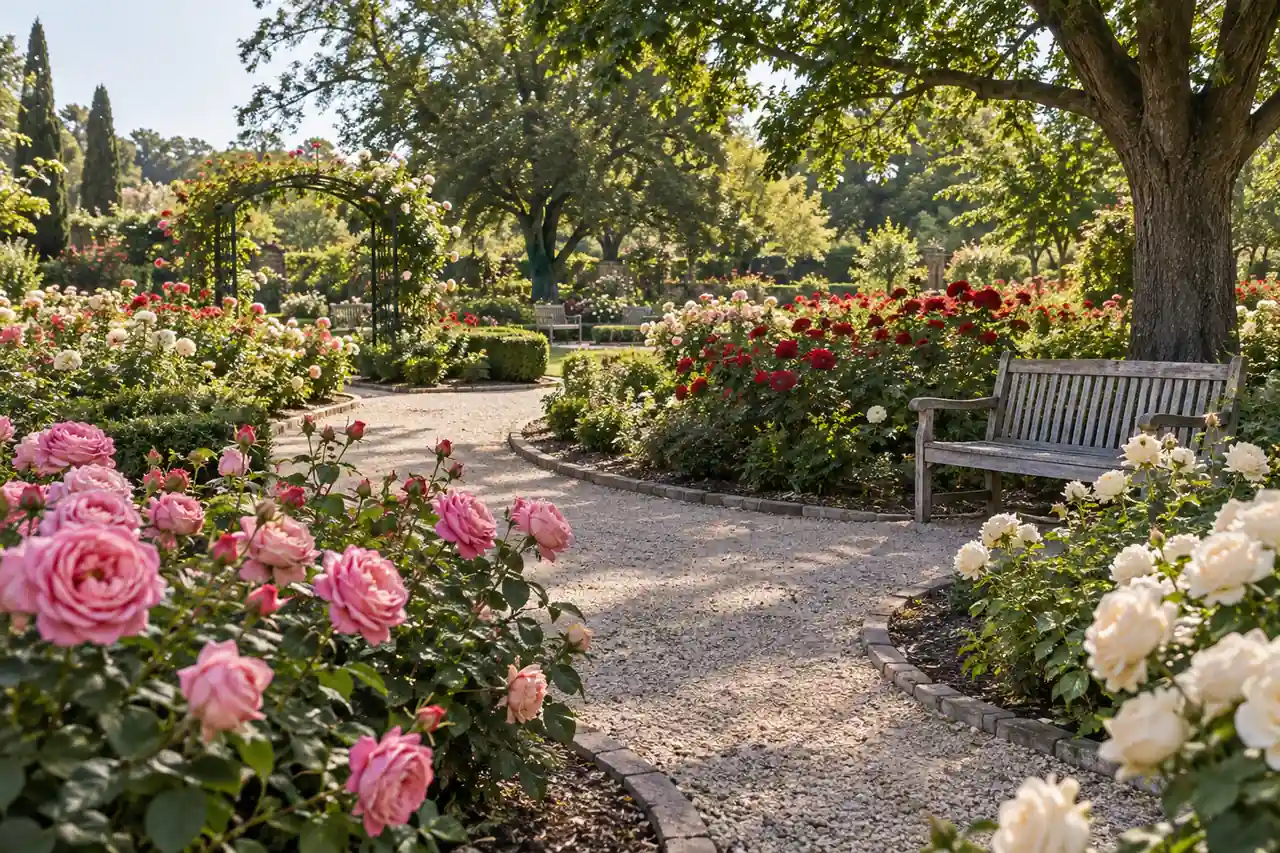 A public rose garden with paths, benches and flowering beds