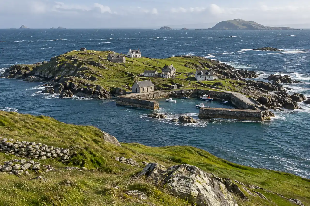 Illustration: A small Atlantic island with cottages and a harbour