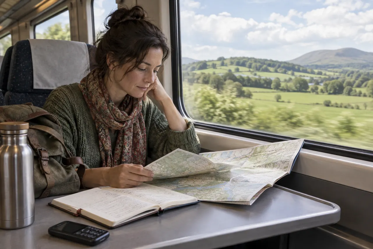 A traveller reading a paper map beside a train window