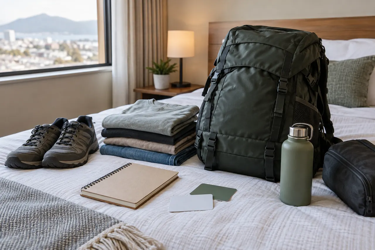 An open backpack and travel essentials laid out in a guest room