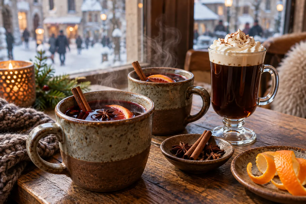 Steaming mugs of spiced berry drink and hot chocolate on a café table