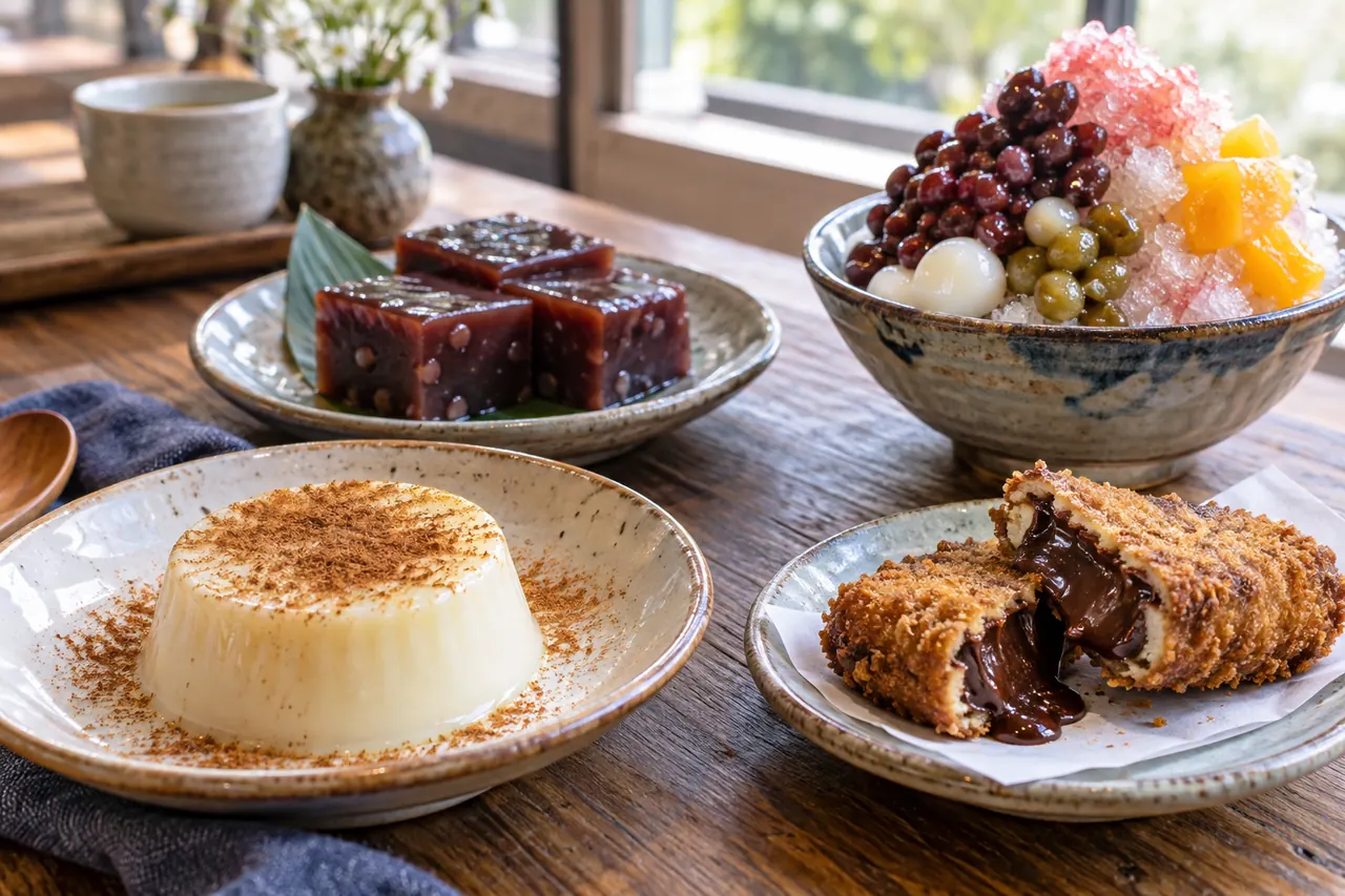 Milk pudding, bean jelly and shaved-ice desserts on a table