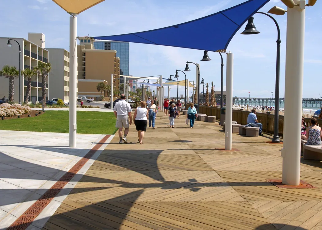A shaded walkway along the Myrtle Beach oceanfront Boardwalk