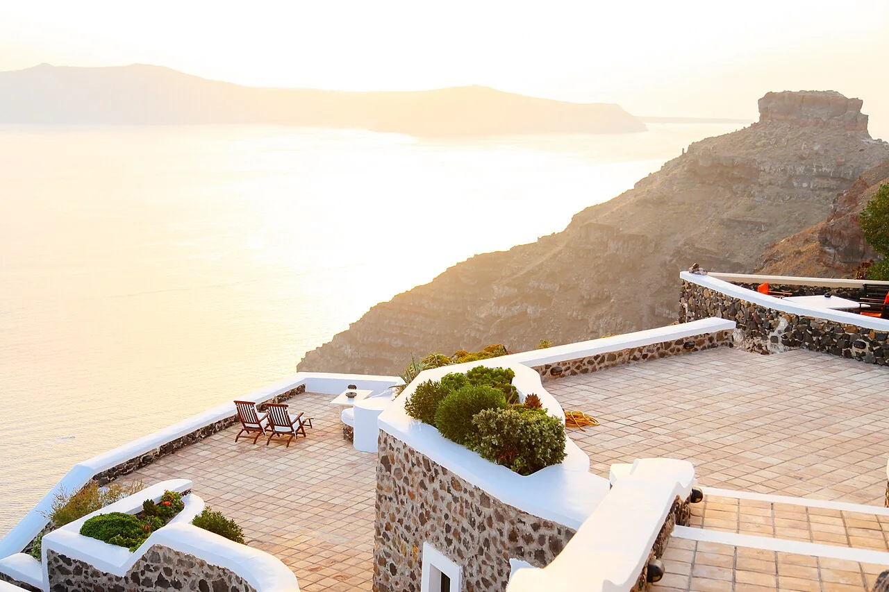 A terrace overlooking the caldera on Santorini in Greece